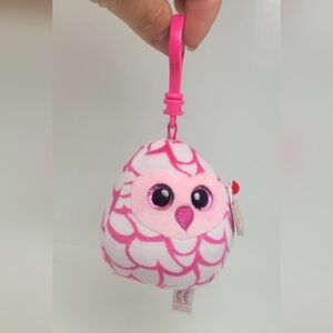 TY Beanie Pinkie Owl Keychain Pink and White